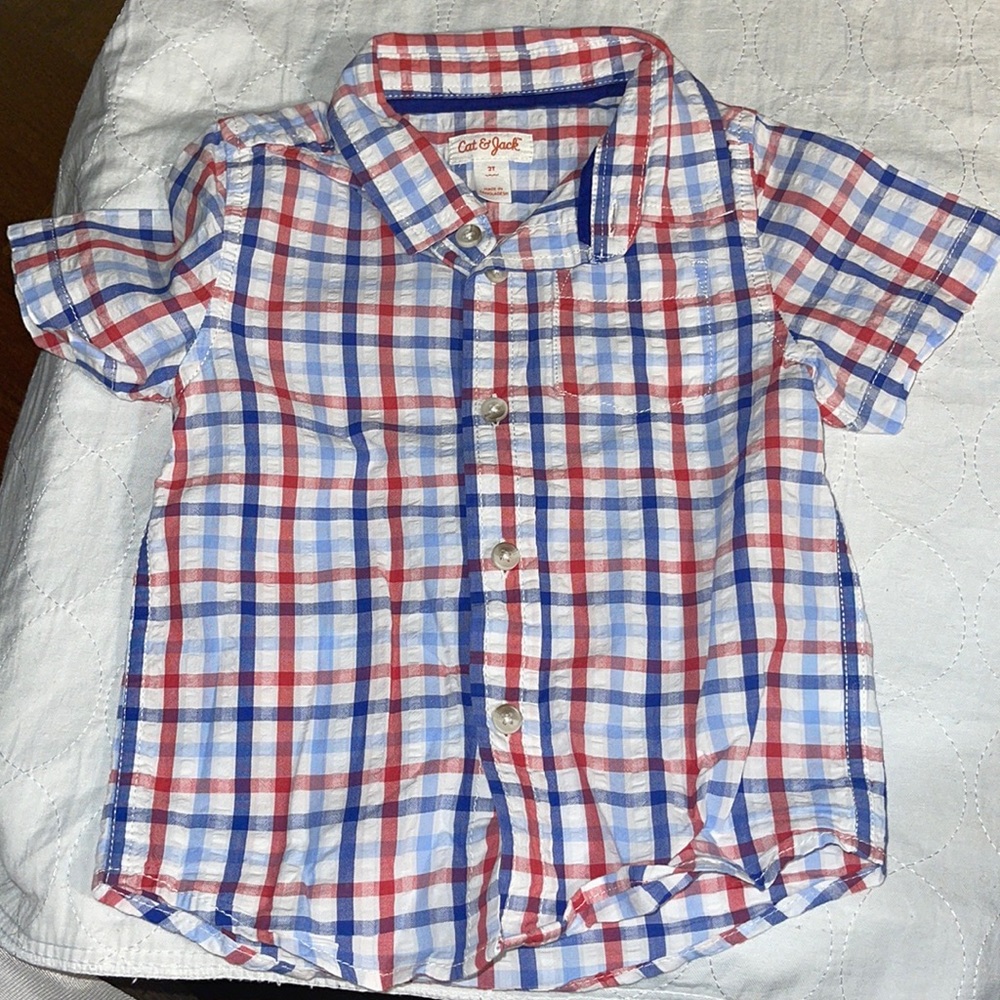 Size 2T Cat and Jack Red, white blue short sleeve shirt perfect for the the 4th